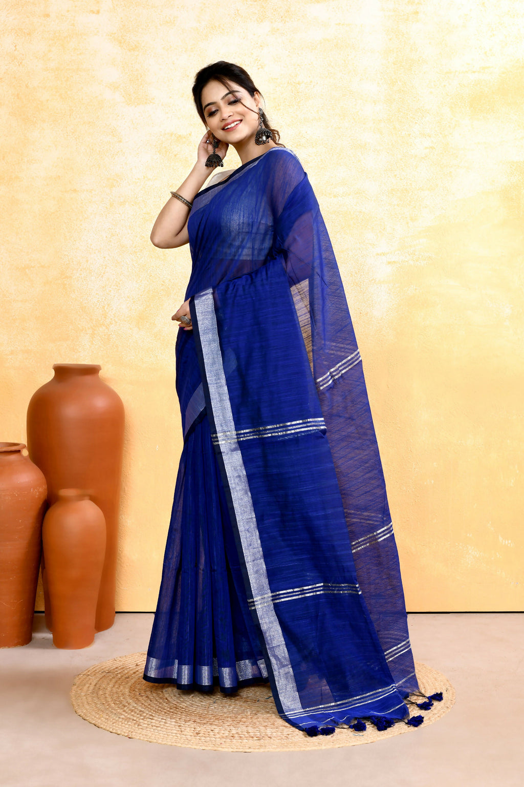 Piyari Fashion Women's Royal Blue Embellished Cotton Blend Zari Border Handloom Saree - Distacart