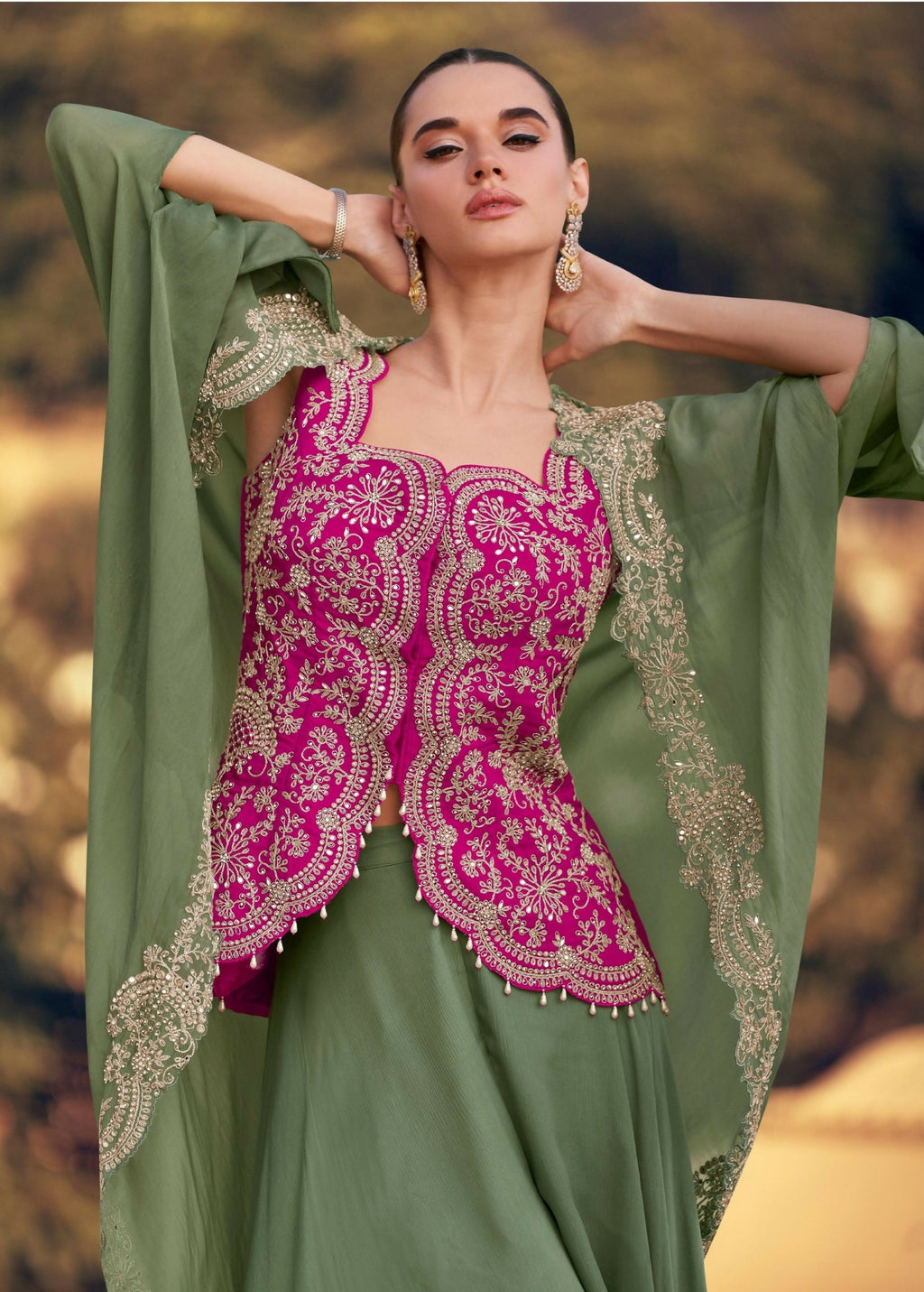 Anaita Mehendi Chinon Readymade Shrug Suit with Heavy Embroidery Work - Distacart