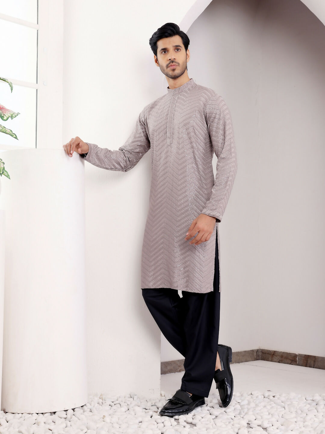 Grey Viscose Designer Chikankari Embroidery Work Men's Kurta - Mahotsav
