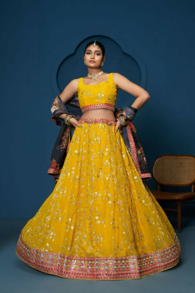 Yellow Floral Georgette Sequence Work Lehenga Choli - Jihu Culture