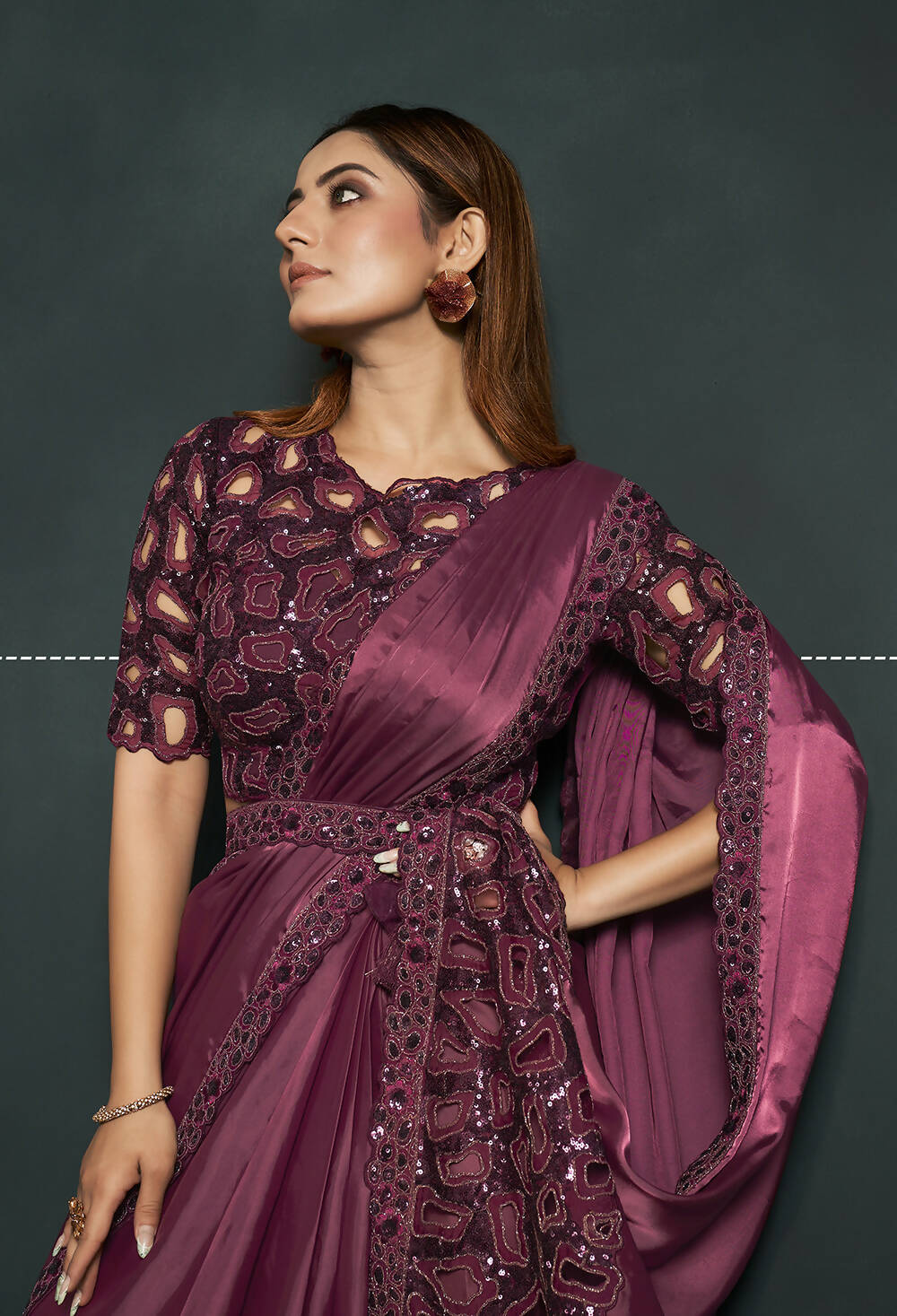 Maroon Silk Crepe Satin Cord Sequence & Thread Embroidered Saree - Moh-Manthan Royal Enigma
