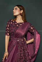 Maroon Silk Crepe Satin Cord Sequence & Thread Embroidered Saree - Moh-Manthan Royal Enigma