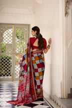 Vastranavya Maroon Viscose Chanderi Printed with Temple Border Saree & Unstitched Blouse - Distacart