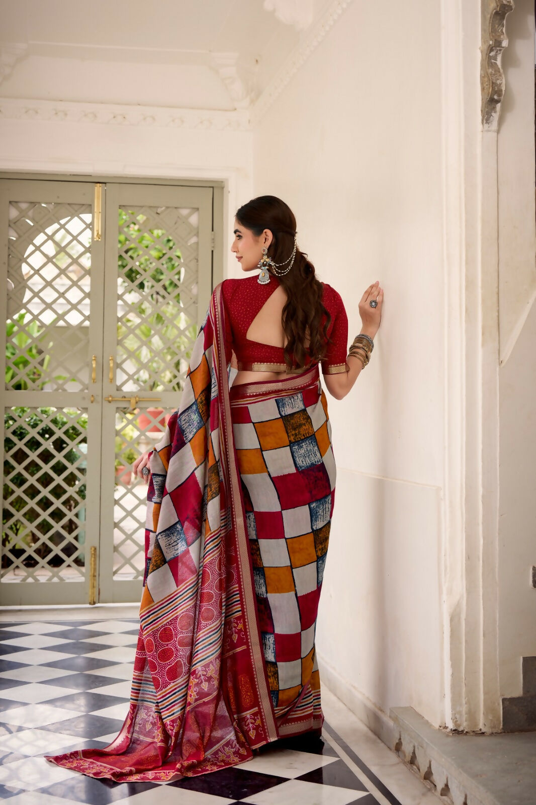 Vastranavya Maroon Viscose Chanderi Printed with Temple Border Saree & Unstitched Blouse - Distacart