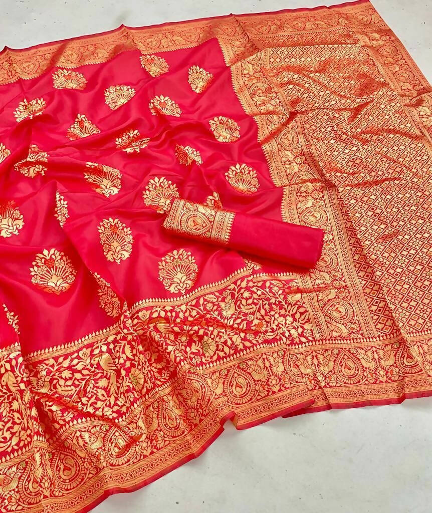 DEIANA'S Beautiful Designer Golden zari Soft Lichi Silk Saree - Red