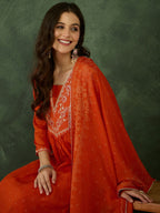 The52 Orange Women's Gorgeous Embroidered Chinon Fabric Flared Kurta Pant and Dupatta Set - Distacart