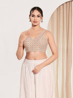 Joban Fashion Peach Jacquard Padded Blouse With V Neck Sleeveless - Distacart