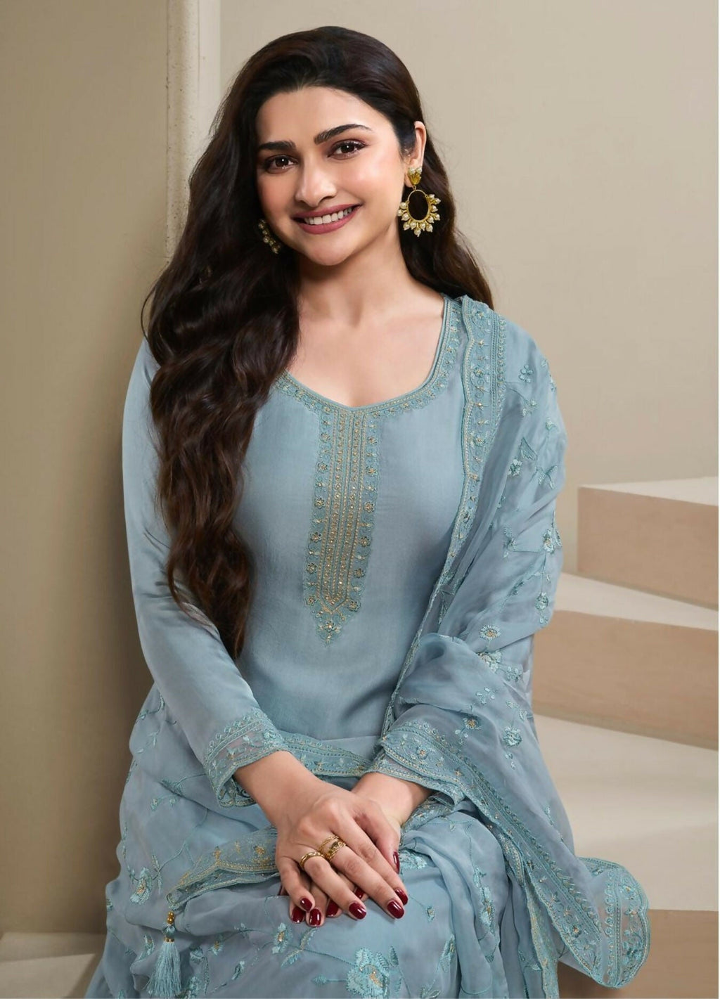 Anaita Blue Heavy Natural Crepe Stitched Suit with Embroidery & Zarkhan Work - Distacart