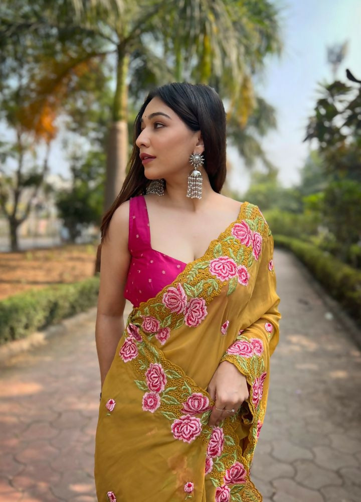 Vamsee Nimrat Mustard Organza Silk Saree