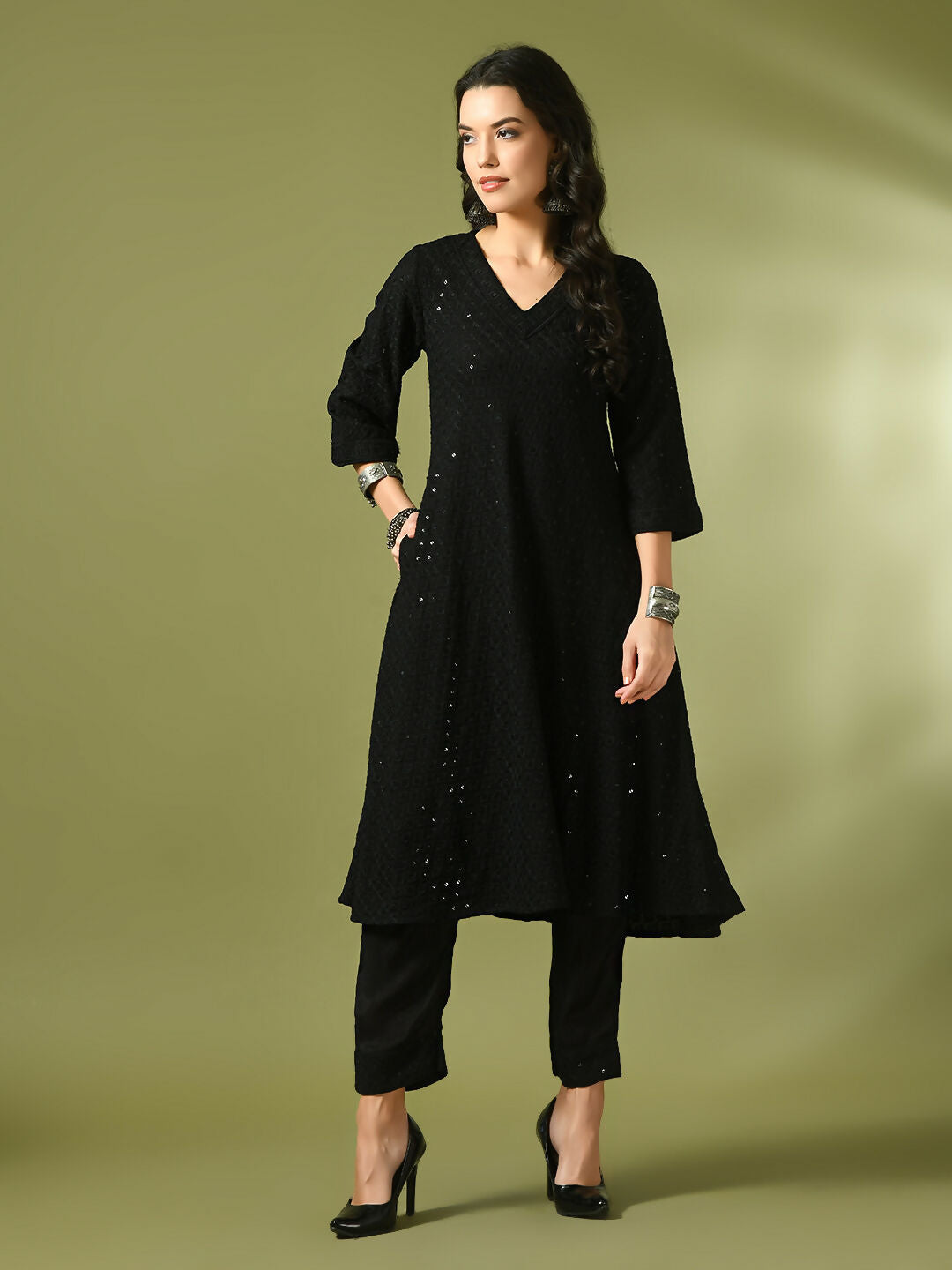 Myshka Women's Black Embroidered Cotton A-Line Party Kurta Set