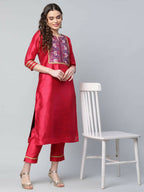 Ahalyaa Womens Red Art Silk Printed Kurta Pant Set - Distacart
