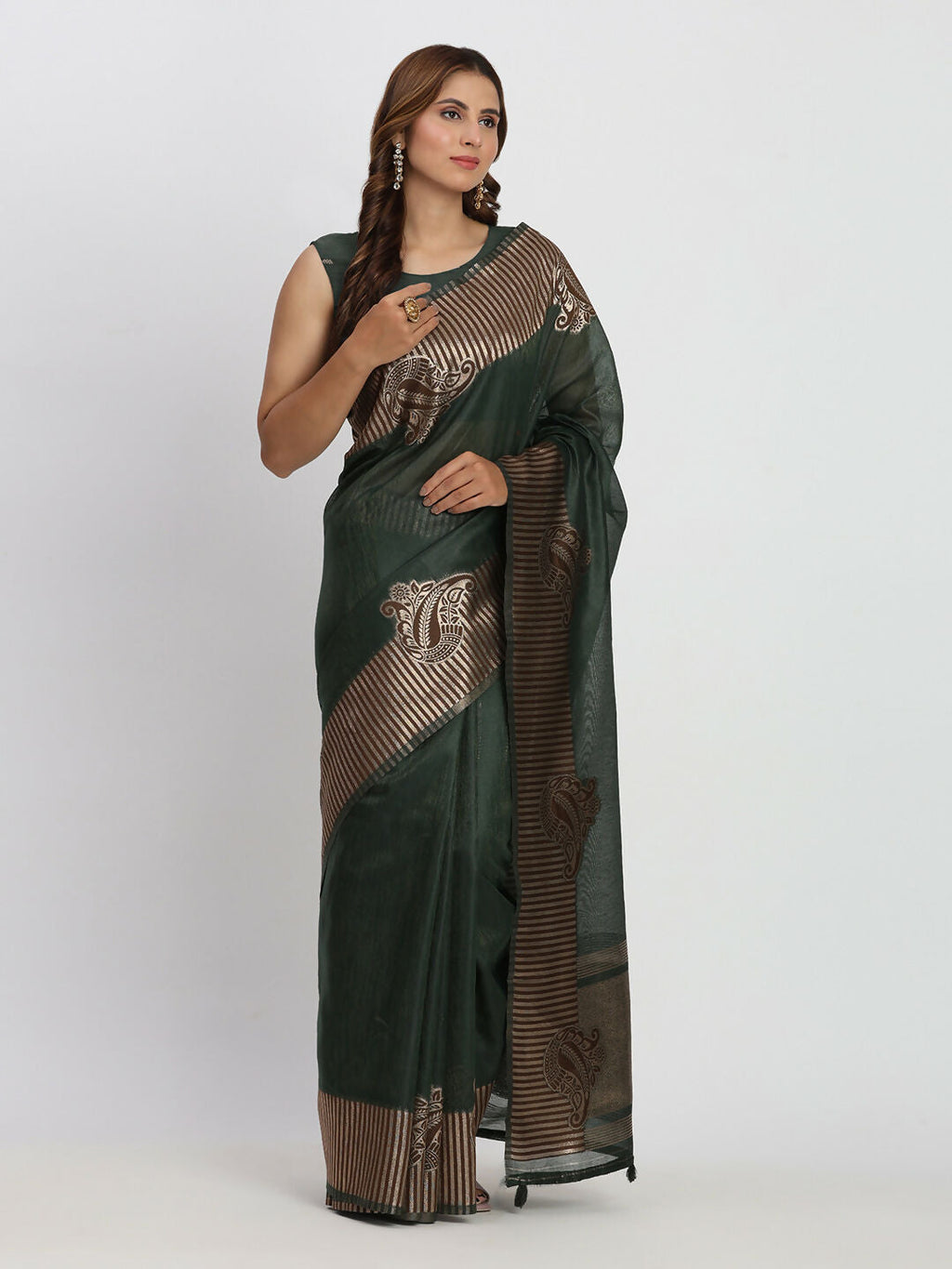 Shree Shyam Fashion Linen Cotton Dark Green Saree - Distacart