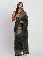 Shree Shyam Fashion Linen Cotton Dark Green Saree - Distacart