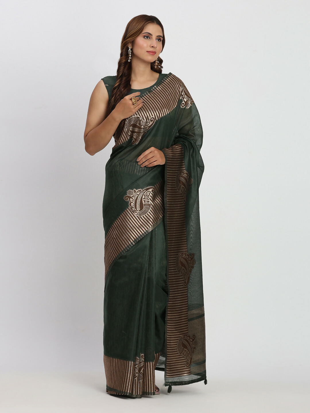 Shree Shyam Fashion Linen Cotton Dark Green Saree - Distacart