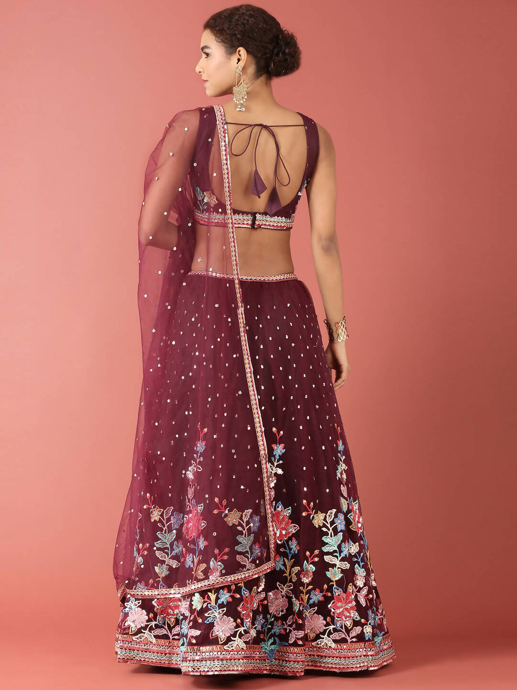 House of Panchhi Burgundy Net Multi colour Thread & Sequinse Work Lehenga & Blouse, Dupatta