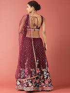 House of Panchhi Burgundy Net Multi colour Thread & Sequinse Work Lehenga & Blouse, Dupatta