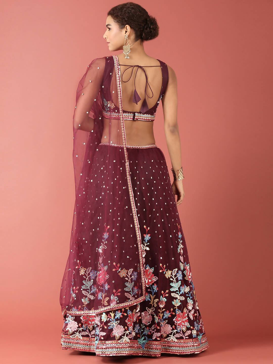 House of Panchhi Burgundy Net Multi colour Thread & Sequinse Work Lehenga & Blouse, Dupatta
