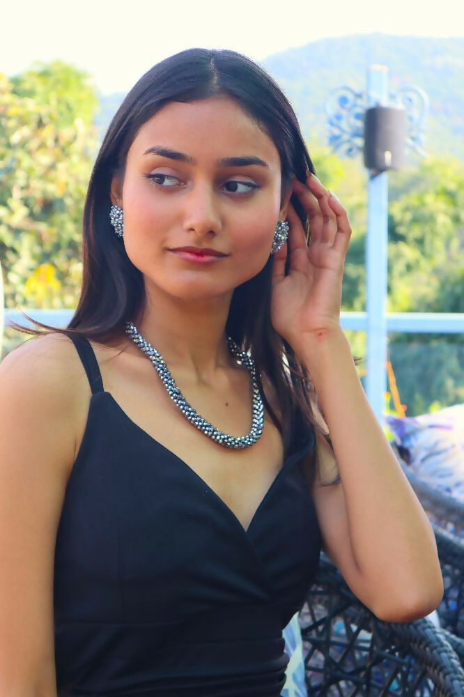 Inhanns Noor-E-Jalwa – Handmade Crystal Bead Necklace / Necklace With Earrings -Adjustable - Titanium