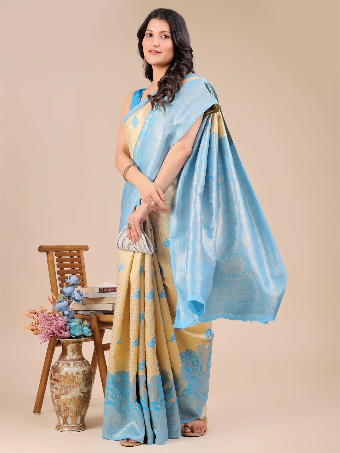 Shree Shyam Fashion Banarasi Silk Cream & Sky Blue Saree - Distacart