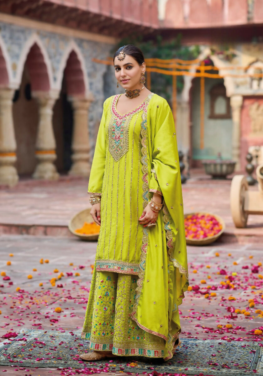 Anaita Lime Yellow Premium Embroidery Dhaga Sequin Work Ready Made Suit - Distacart