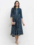 Rudra Bazaar A-Line Gold Floral Printed Turquoise Blue Kurti - Distacart