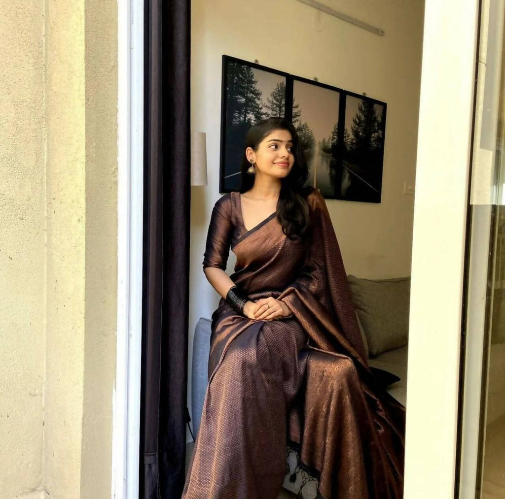 DEIANA'S Beautiful Designer Golden zari Soft Lichi Silk Saree - Black