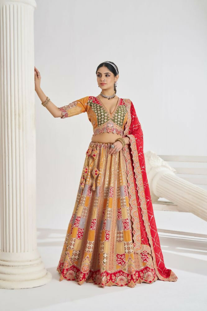 Kesar Fab Mustard Net Embroidered Lehenga