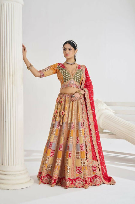 Kesar Fab Mustard Net Embroidered Lehenga