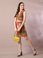Myshka Women's Multi Printed Shawl Neck Party Top With Skirt Co-ord set