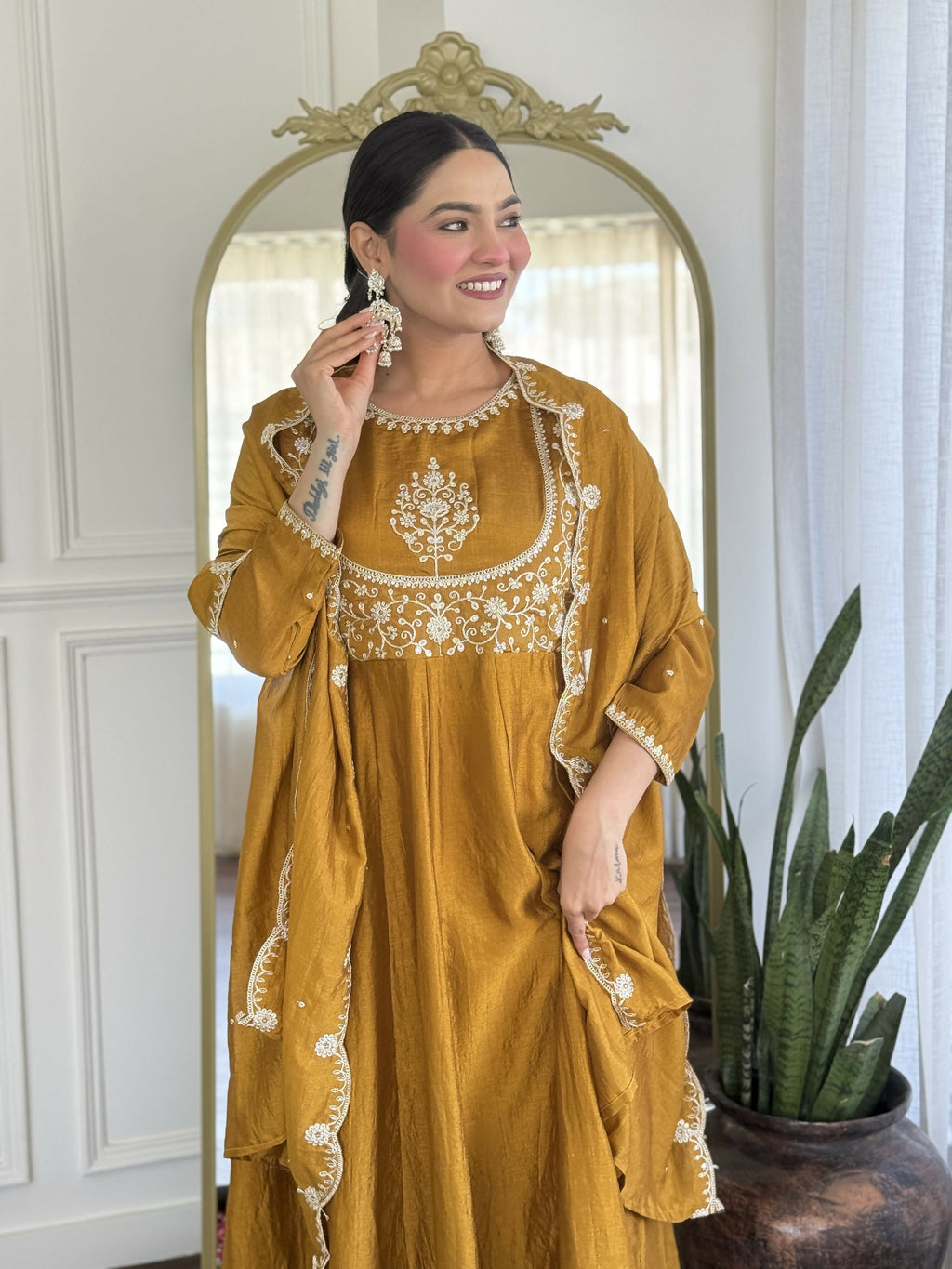 The52 Mustard Women's Gorgeous Embroidered Vichitra Silk Fabric Flared Kurta Pant with Dupatta Set - Distacart