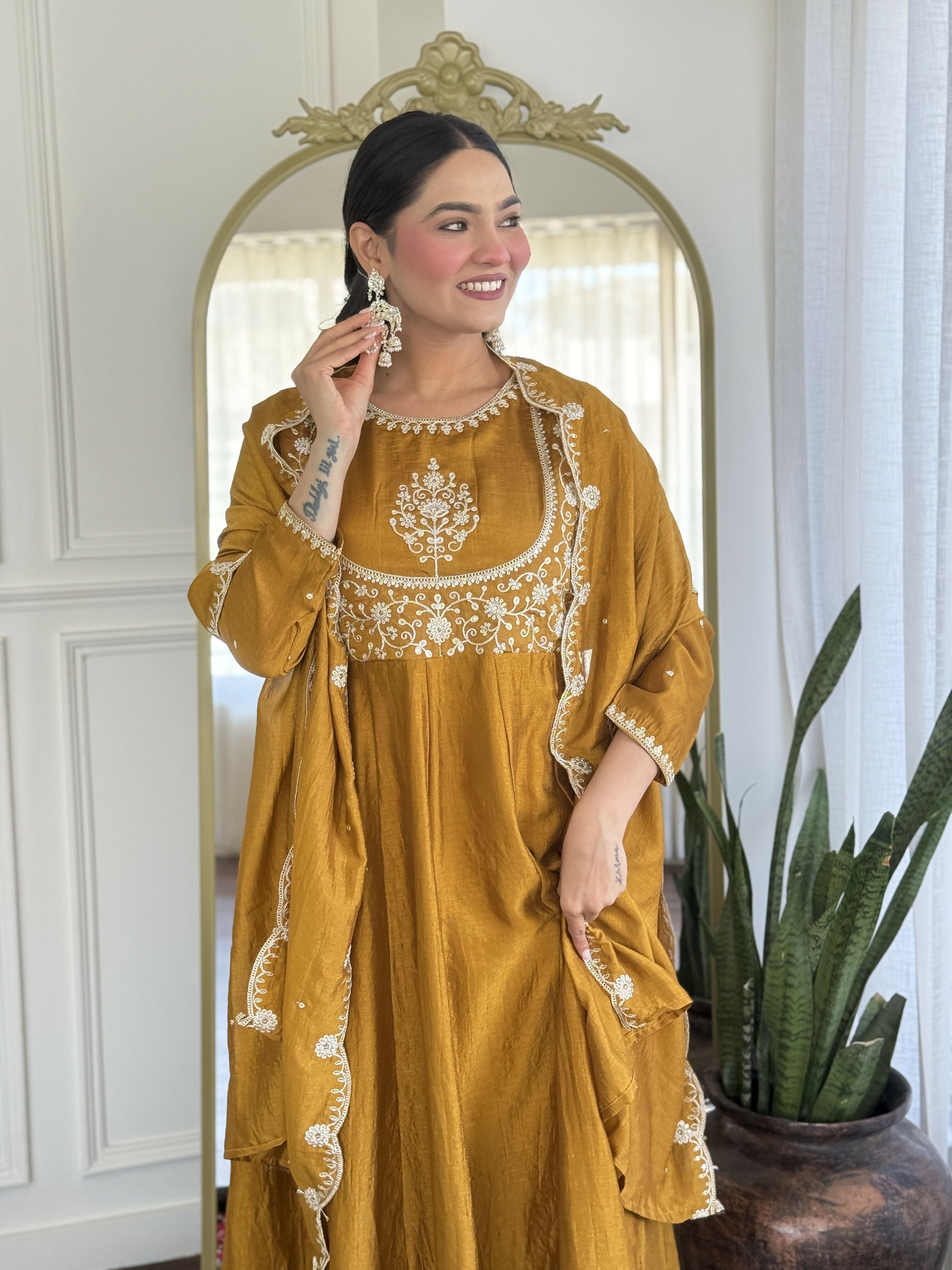 The52 Mustard Women's Gorgeous Embroidered Vichitra Silk Fabric Flared Kurta Pant with Dupatta Set - Distacart