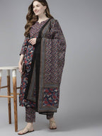 Yufta Women Navy Blue & Red Floral Printed Pure Cotton Kurta with Trouser and Dupatta