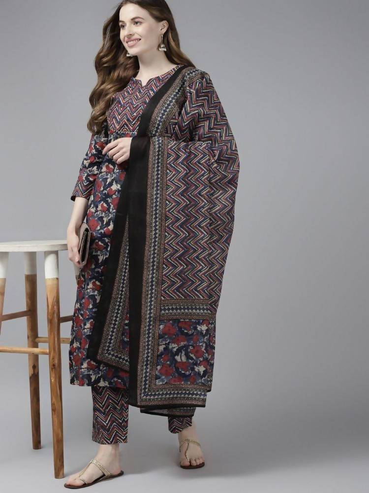 Yufta Women Navy Blue & Red Floral Printed Pure Cotton Kurta with Trouser and Dupatta