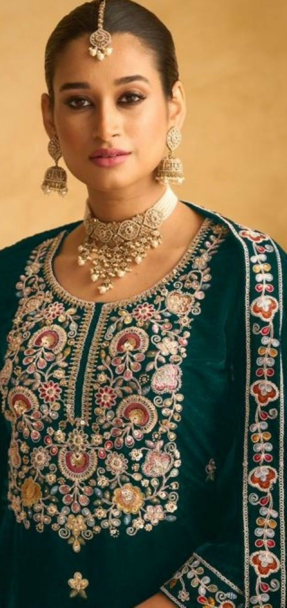 Anaita Dark Green Embroidered with Beads Velvet Stitched Plazo Suit - Distacart