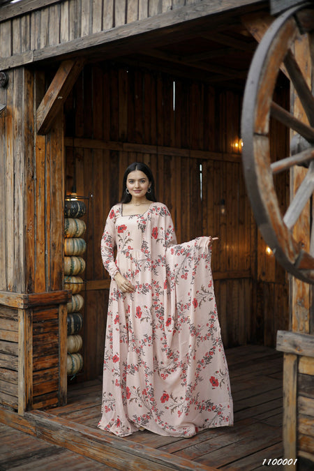 Aayaa Designer Printed Georgette Full Flare Gown With Dupatta - Multi Color