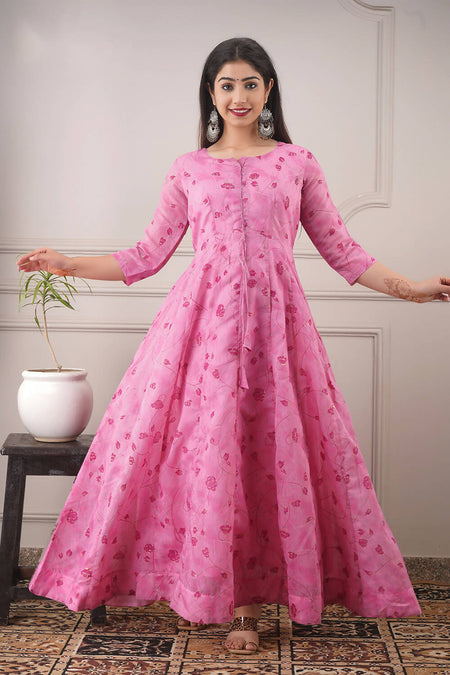 Partywear Designer Hand Screen and Foil Print pink Pure chanderi Gown - Anbazaar
