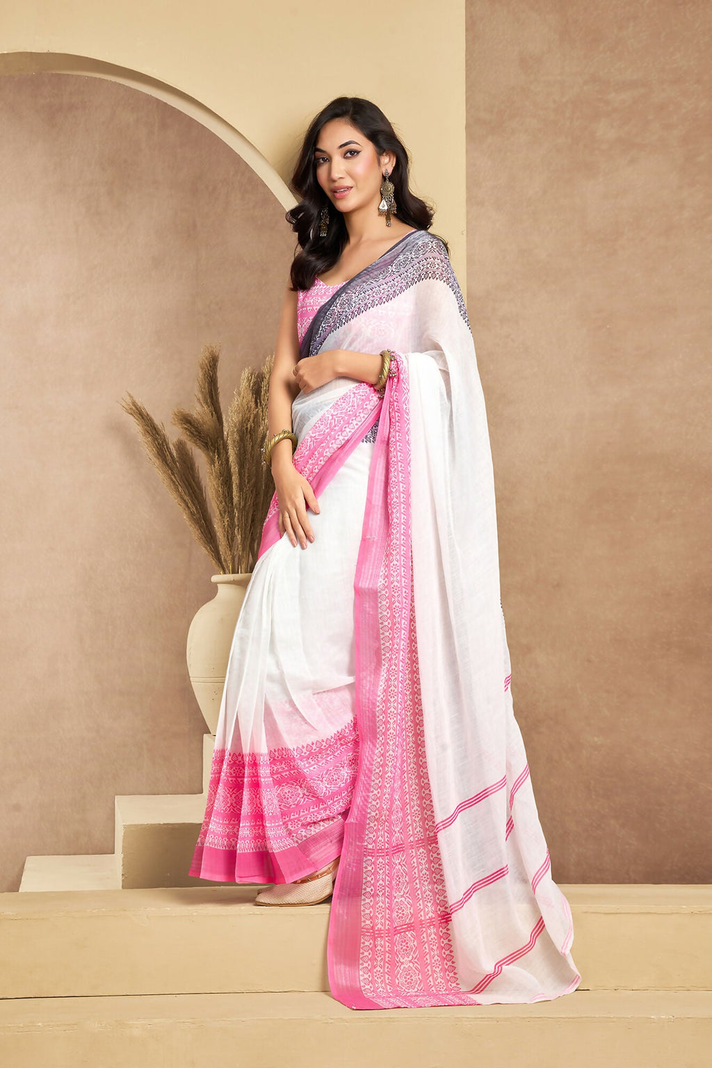 Vastranavya White Digital Printed Linen Ready To Wear Designer Saree with Unstitched Blouse - Distacart