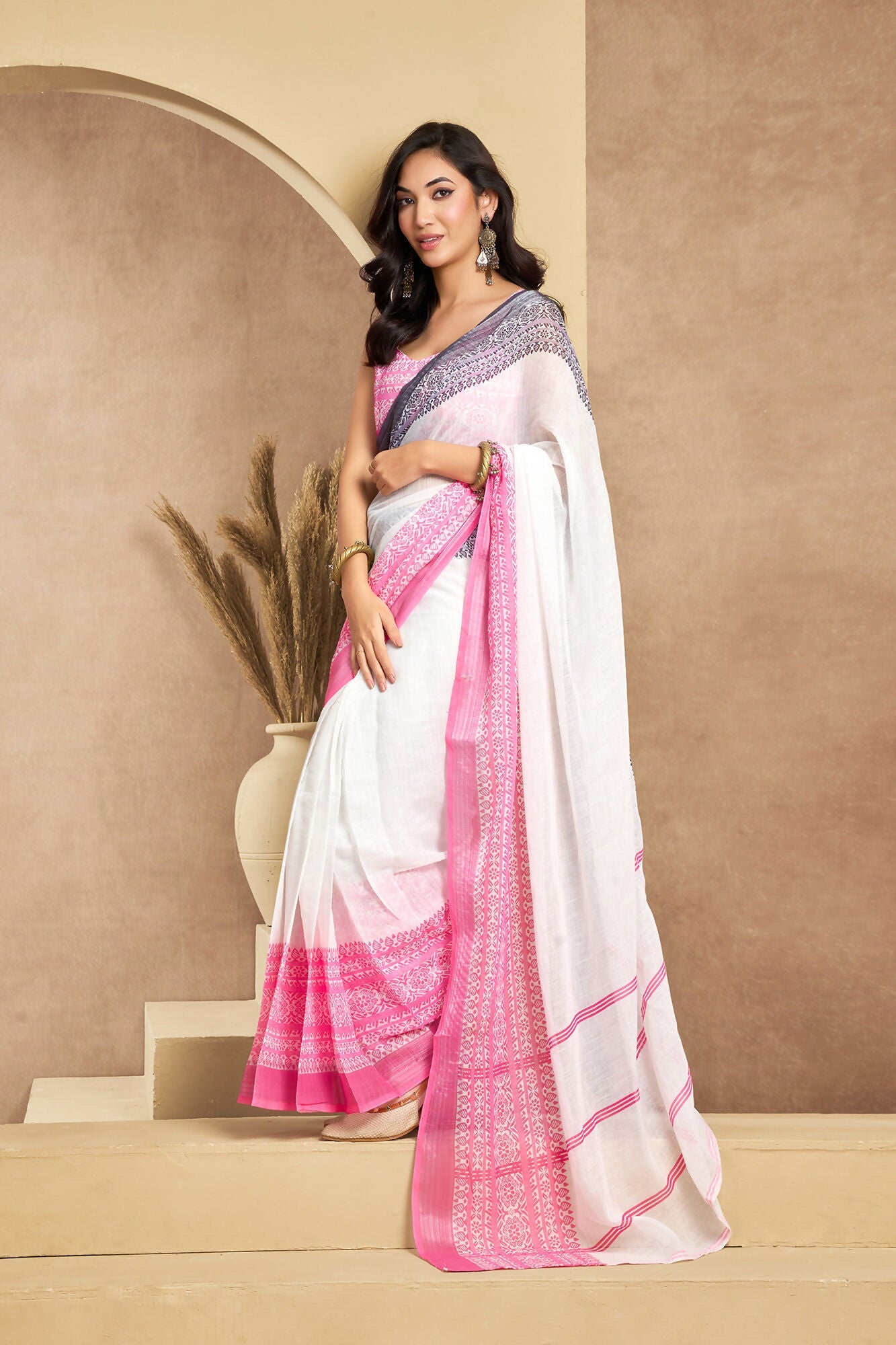 Vastranavya White Digital Printed Linen Ready To Wear Designer Saree with Unstitched Blouse - Distacart