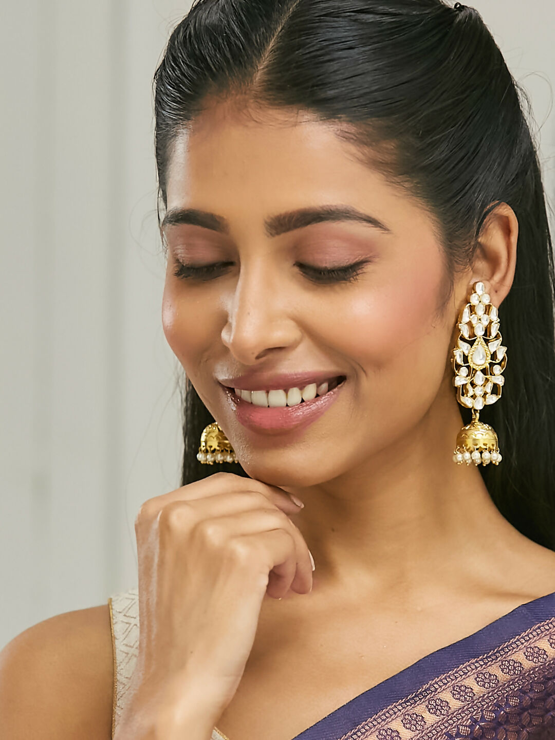 Nuyug 22K Gold-Plated Regal Kundan Stone Studded & Pearl Drop Jhumkas - Distacart