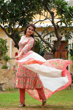 Yufta Pink Printed Tiered Kurta with Trouser and Dupatta