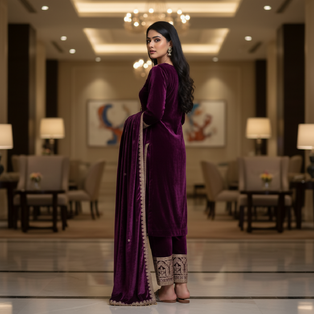 Joban Fashion Purple Kurta Set Velvet Embroidery Sequence Work - Distacart