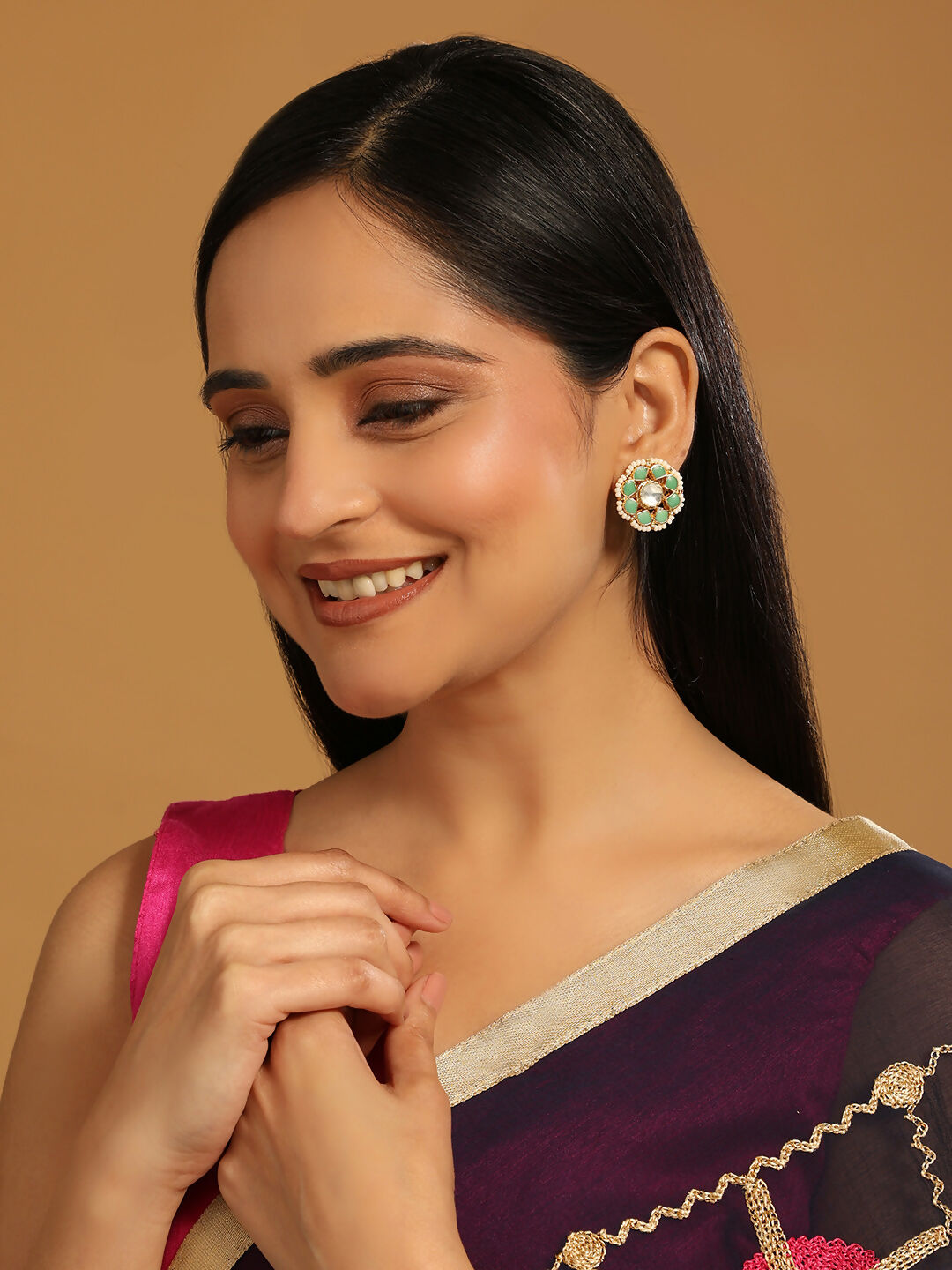 Nuyug 22K Gold-Plated Green Kundan Studded & Pearls Beaded Floral Shaped Studs - Distacart