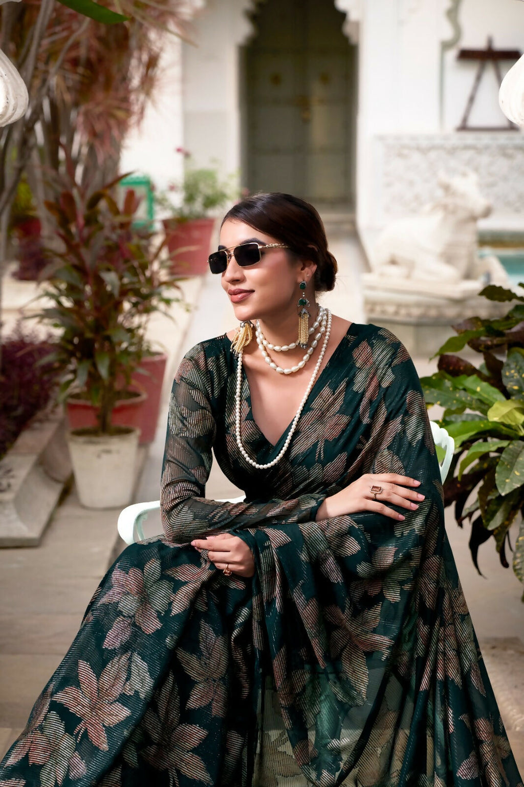 Vastranavya Bottle Green Lurex Brasso Floral Printed Saree with Unstitched Blouse - Distacart