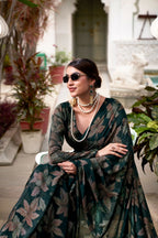 Vastranavya Bottle Green Lurex Brasso Floral Printed Saree with Unstitched Blouse - Distacart