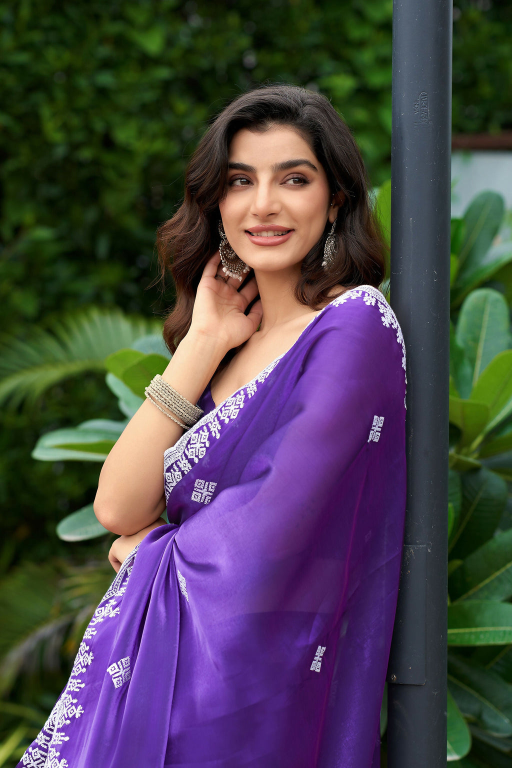 Vastranavya Purple-Blue Embroidery Work Shimmer Chiffon Saree with Unstitched Blouse - Distacart