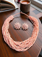 Inhanns Vibrant Handmade 20 Layers Beaded Necklace With Matching Earrings - Light Peach