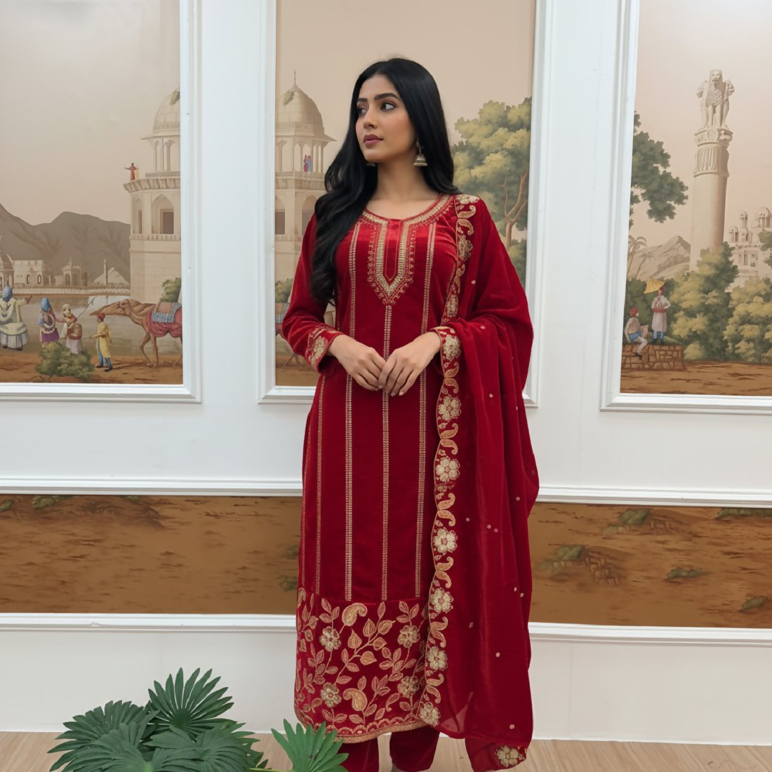 Joban Fashion Red Kurta Set Velvet Embroidery Sequence Work - Distacart