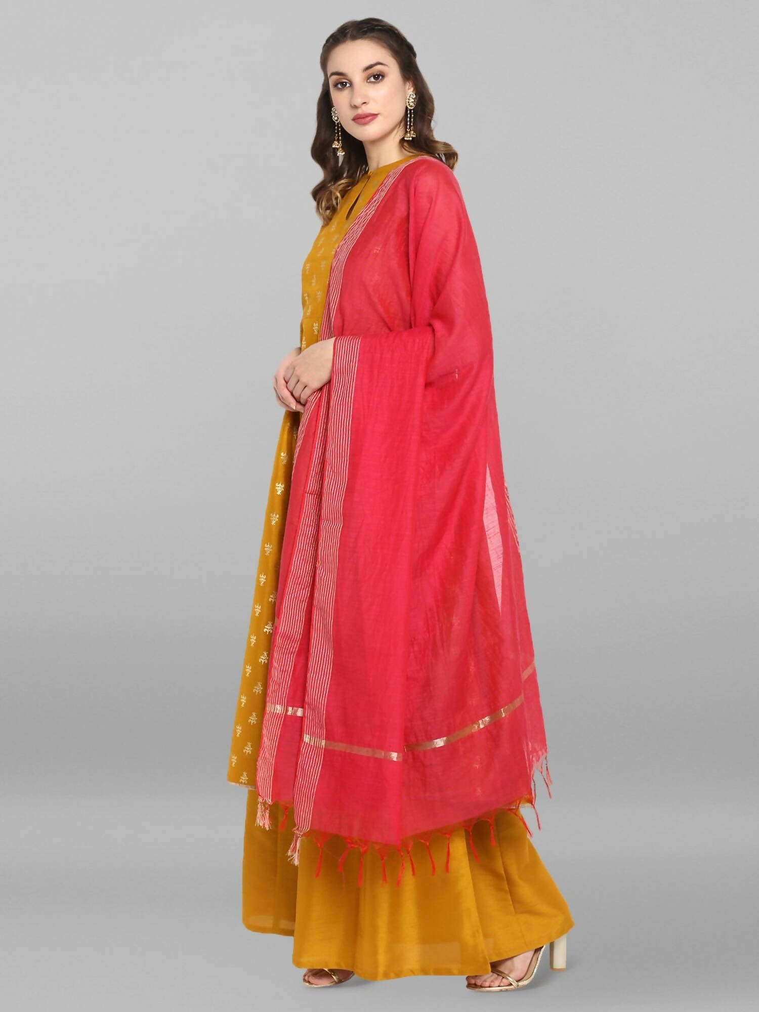 Janasya Women's Mustard Rayon Foil Print Kurti With Palazzo - Distacart