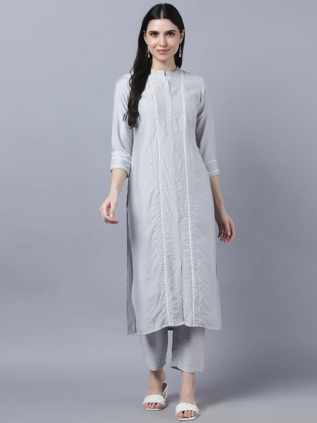 Myshka Stylish Grey Viscose 3/4 Sleeve Women's Kurta Pant Set - Distacart