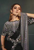 Black Silk Crepe Satin Cord Sequence & Thread Embroidered & Stone Work Saree - Moh-Manthan Royal Enigma - Distacart